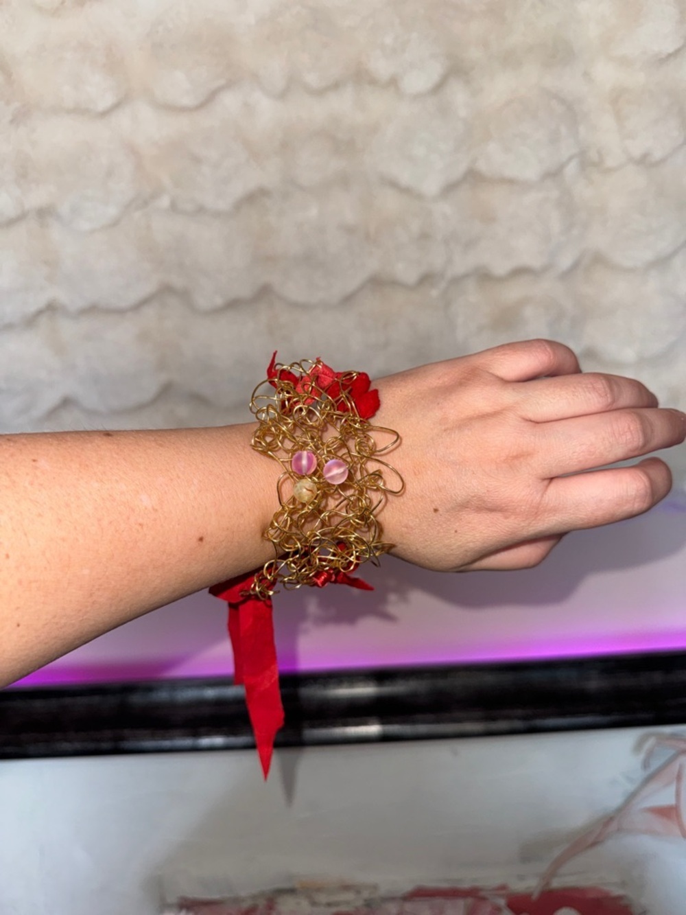 Handcrafted Gold  tone Wire Red genuine suede Statement Bracelet or necklace